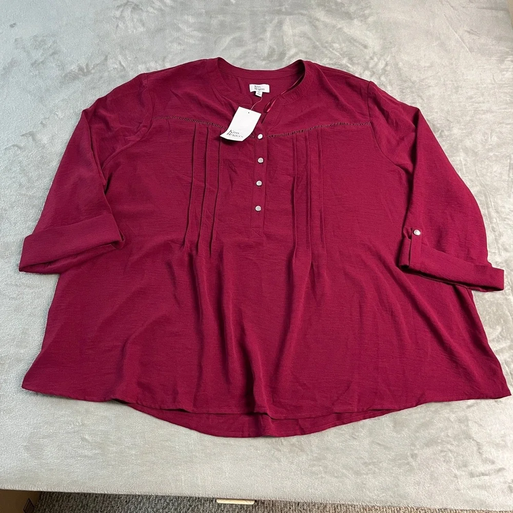NWT Kim Rogers Womens 4X Sangria Red Pintuck Roll Tab 3/4 Sleeve Blouse Office
